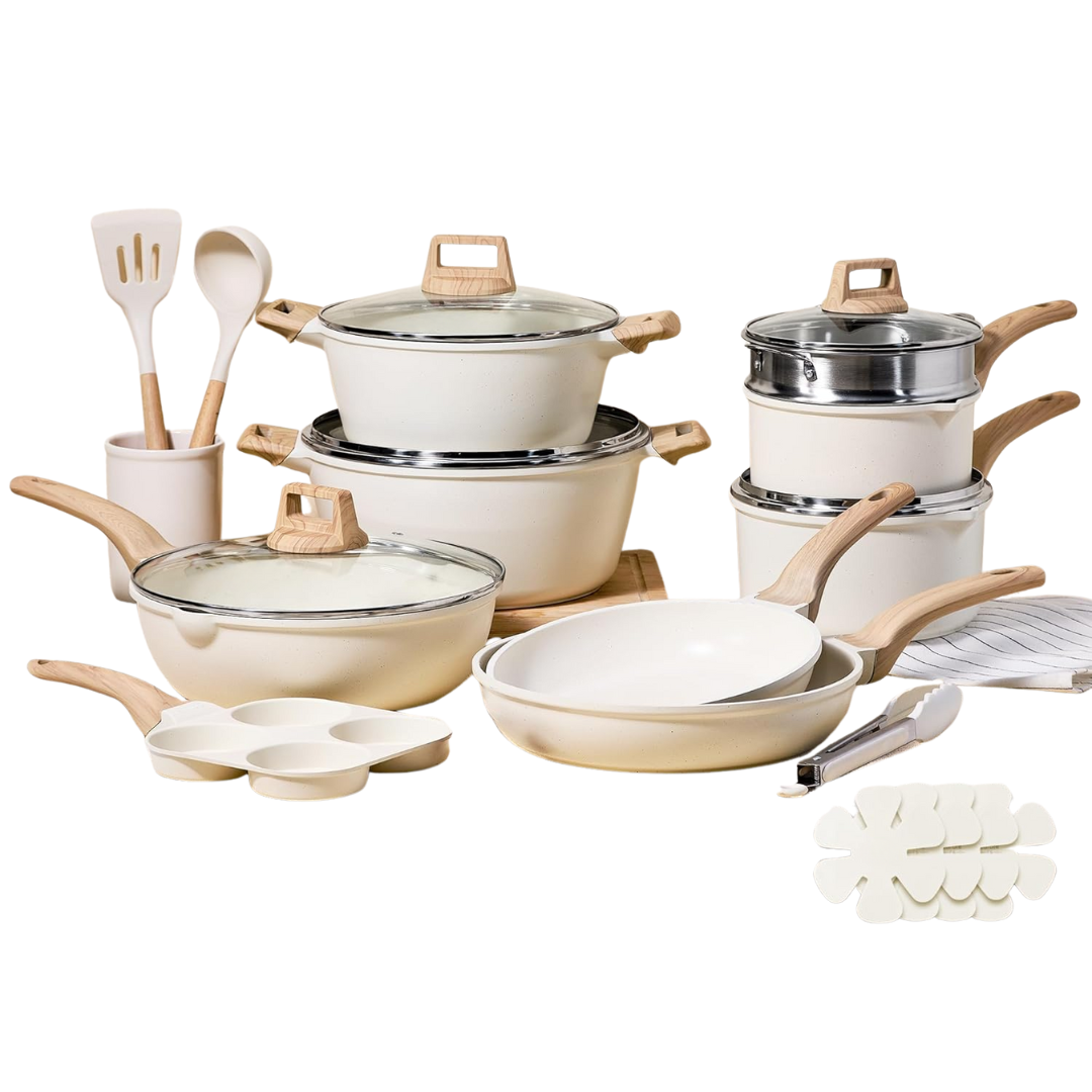 Cream White Granite Nonstick Cookware Set for All Stovetops