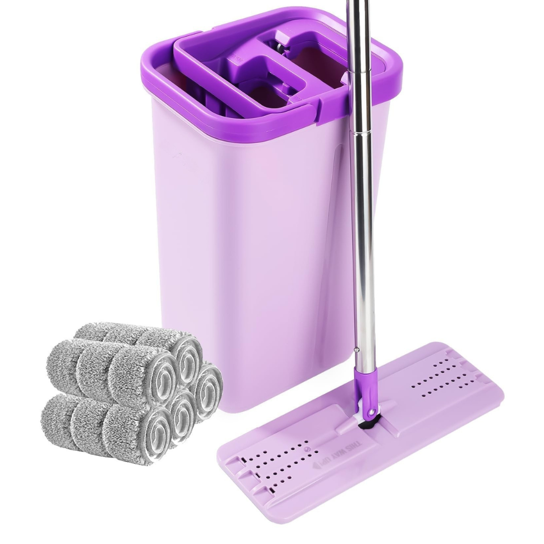 Flat Mop and Bucket Set with 360° Rotating Head Stainless Handle and 4 Microfiber Pads