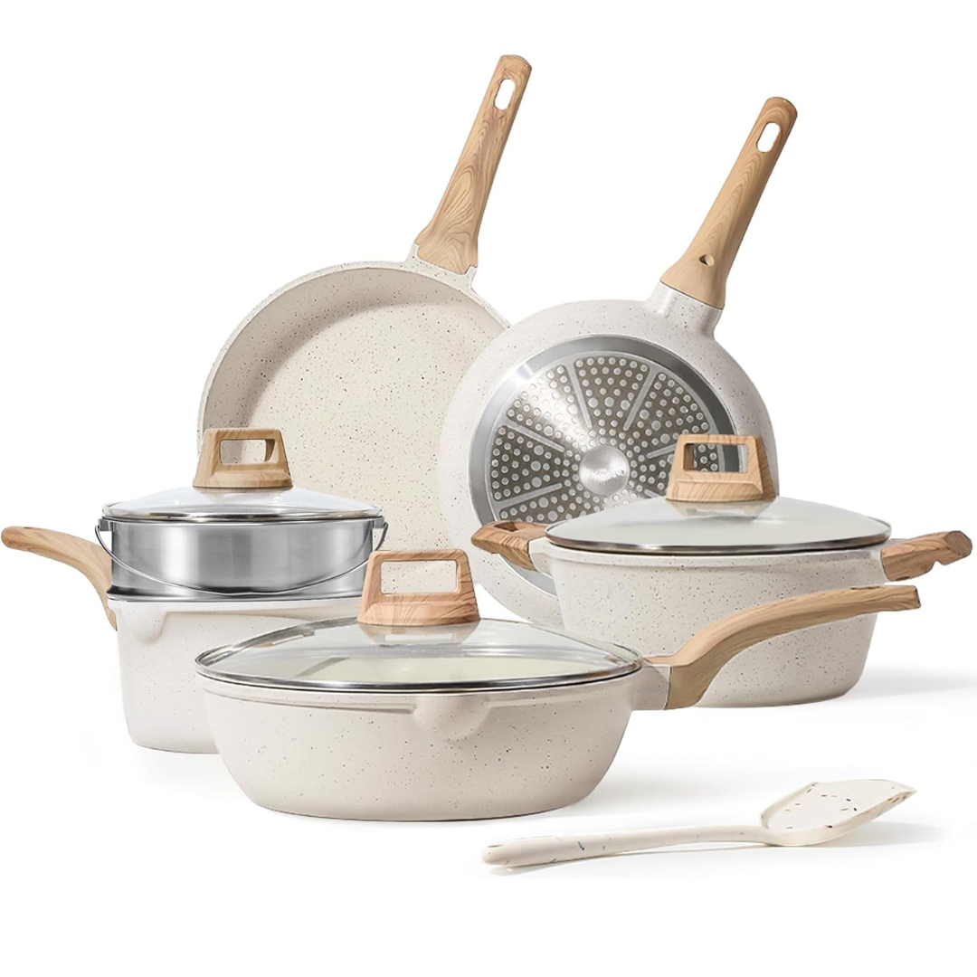 Cream White Granite Nonstick Cookware Set for All Stovetops