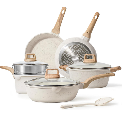 Cream White Granite Nonstick Cookware Set for All Stovetops