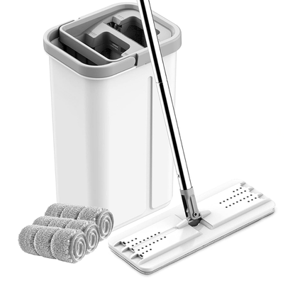 Flat Mop and Bucket Set with 360° Rotating Head Stainless Handle and 4 Microfiber Pads