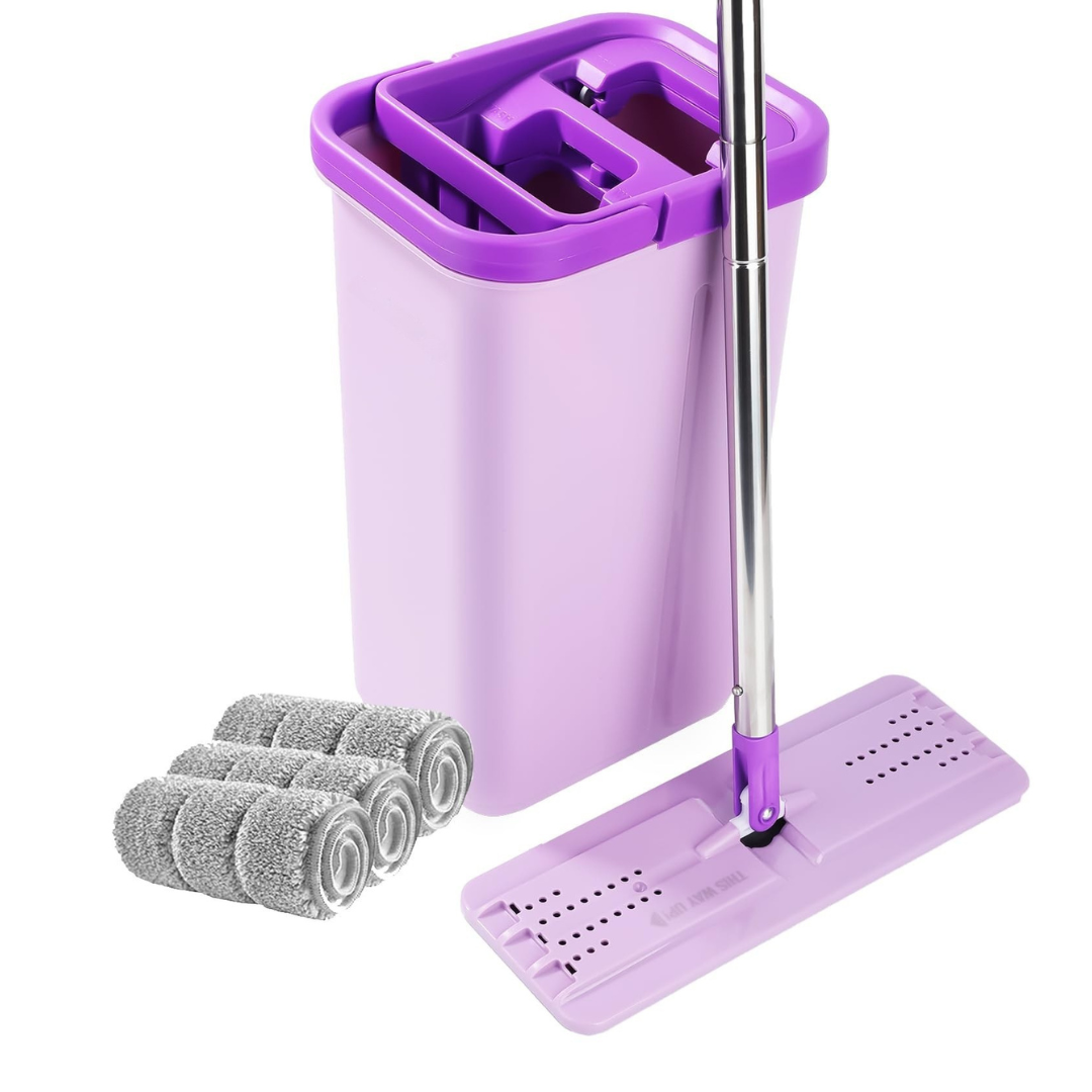 Flat Mop and Bucket Set with 360° Rotating Head Stainless Handle and 4 Microfiber Pads