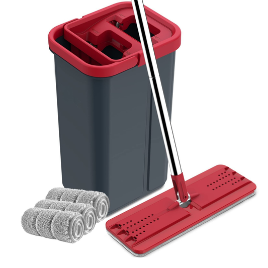 Flat Mop and Bucket Set with 360° Rotating Head Stainless Handle and 4 Microfiber Pads